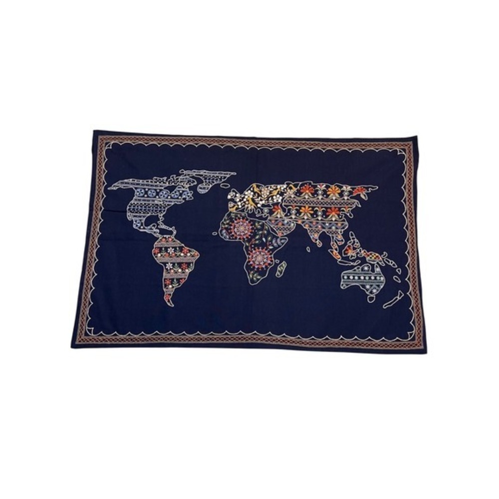 Ten Thousand Villages Wonderful World Navy Blue Embroidered Map Wall Hanging